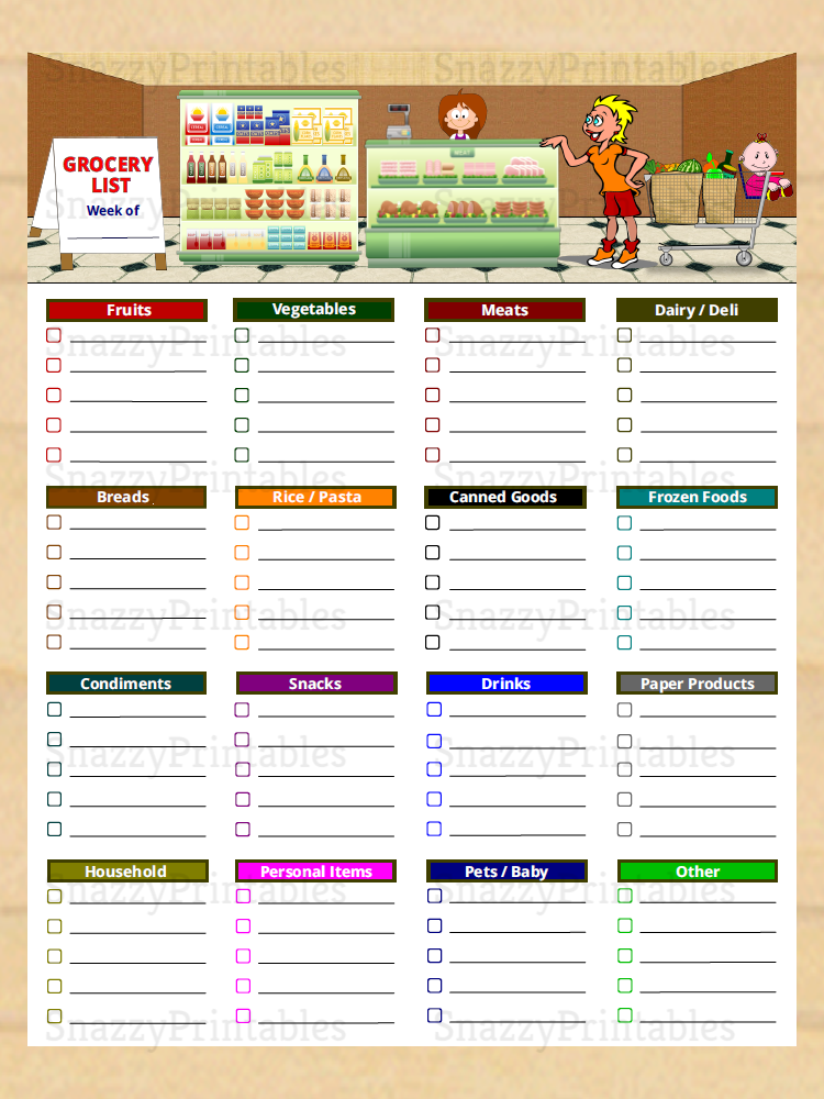 Grocery List Printable with Categories - Instant Download PDF